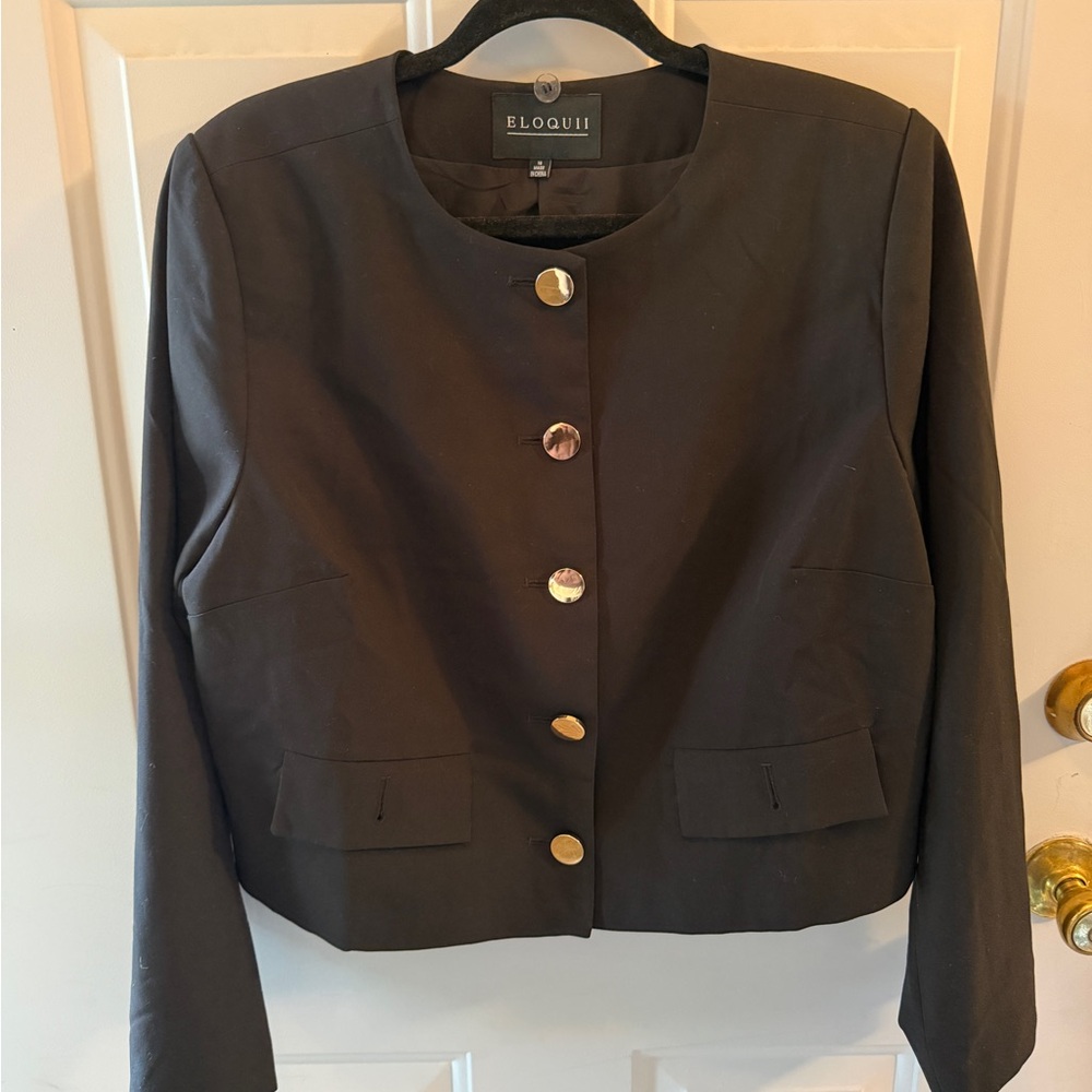 Eloquii Black Collarless Button-Front Blazer